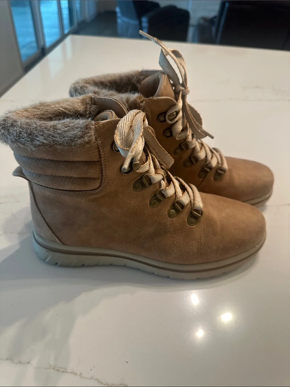Cliffs Women's Taupe Faux Fur Lace-Up Ankle Boots